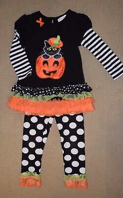 Euc Emily Rose Girls Boutique Halloween Black Cat Pumpkin Shirt Pants Set Size 4