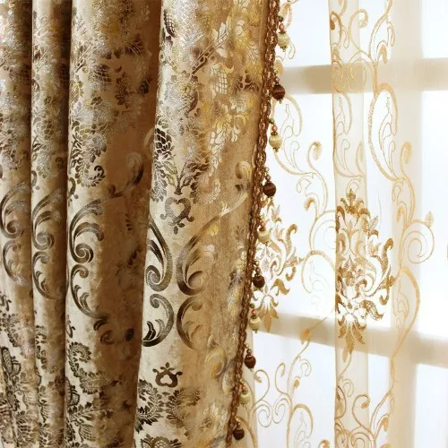 Embroidered Luxury Gold Curtains Room European Sheer Tulle Print High Blackout