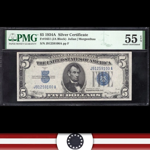 1934-A $5 SILVER CERTIFICATE *J-A Block* PMG 55 EPQ Fr 1651 59083