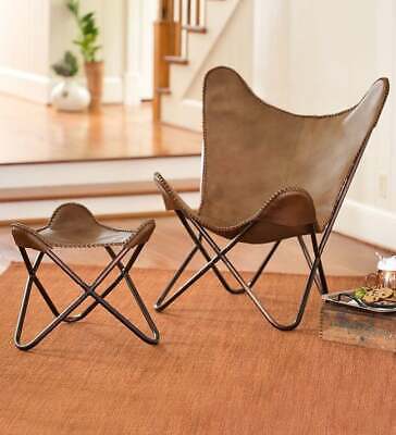 Handmade Tan Leather Butterfly Chair With Footstool Foldable Relax Arm Chair BKF
