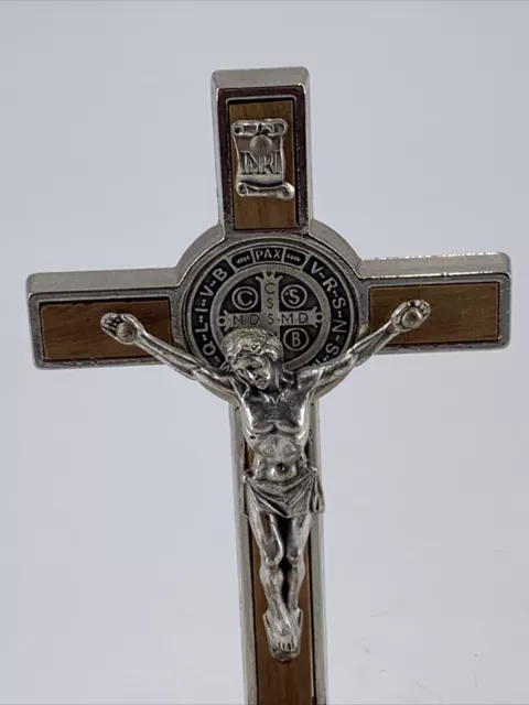 St. Benedict Crucifix Nickel Plated w/ Inlaid Wood - 4.5"" 3