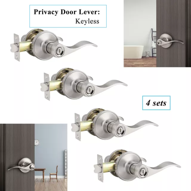 4sets Brushed Nickel Door Knob Privacy Lever for Bedroom Bathroom Keyless Handle