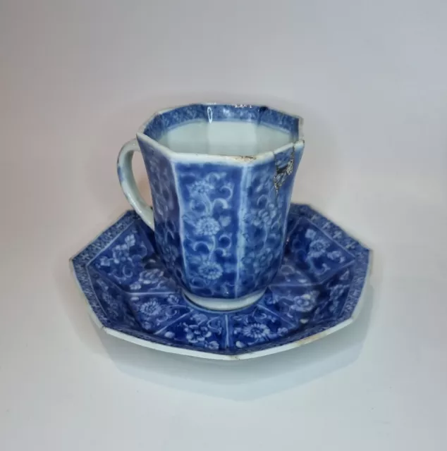 Antique Kangxi Chinese Porcelain Octagonal Blue Prunus Blossom Tea Cup Saucer