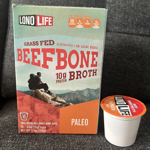 GRASS FED BEEF Bone Broth Single Serve Cups 10 Cups, New Fast. Shipp