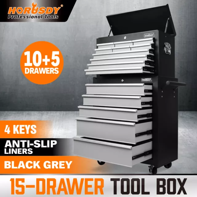HORUSDY 15 Drawer Tool Box Trolley Cabinet Storage Cart Garage Toolbox Organiser