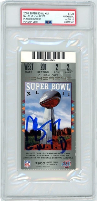 Plaxico Burress Signed Authentic Super Bowl XLII Ticket "G.W. T.D." PSA GEM AUTO