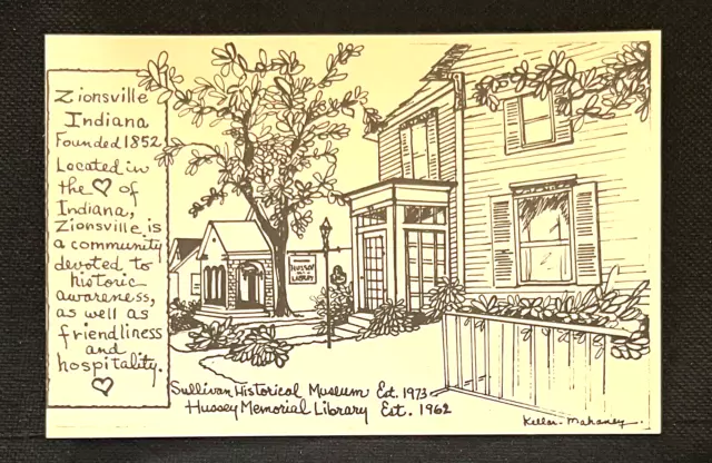 Postcard Zionsville Indiana Hussey Memorial Library Artist Rendition     A1