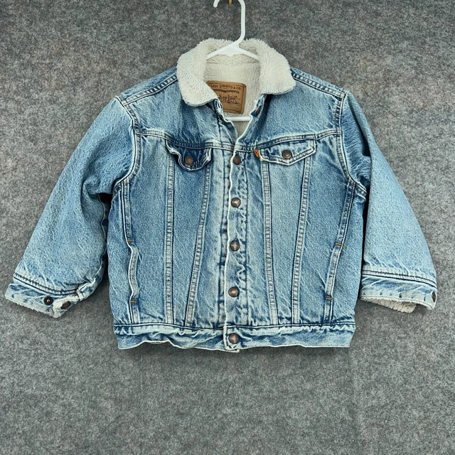 Vintage Levi's Jean Jacket Youth Size 7x Blue Fleece Lined Orange Tab USA Denim