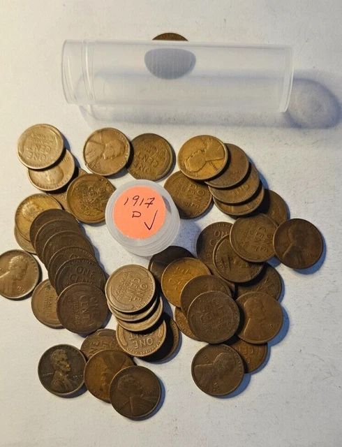 1917-D Lincoln Wheat Penny Roll 50 Coins Good-VG Copper- Better Early Date Roll