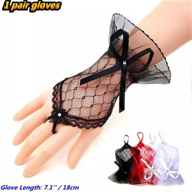 Women Ruffles Lace Wrist Gloves Fingerless Lolita Bow Bridal Wedding Accseeories