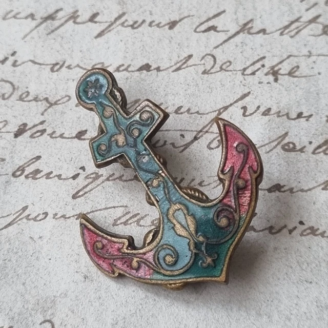 Broche Ancienne Ancre Marine - Métal Argenté Et Nacre - Occasion Bon état