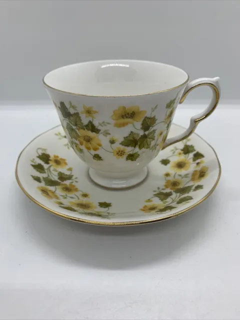 Queen Anne Bone China Footed Cup and Saucer Set Yellow Flowers Used Condition