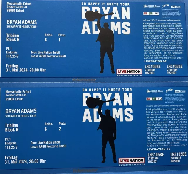 Bryan Adams 2 Tickets  Erfurt tolle Sitzplätze an der Bühne Block R Originalpr.