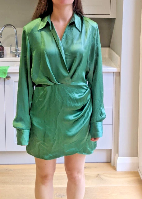 NUOVO MINI ABITO Zara verde bottiglia/smeraldo raso manica lunga