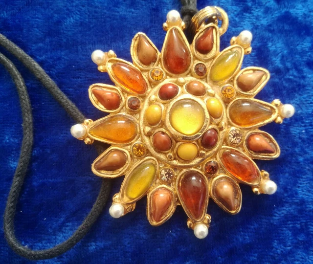 Collier Vintage Années 80 Jacky De G Paris - Pendentif Soleil En étain Finition Argent Vieilli
