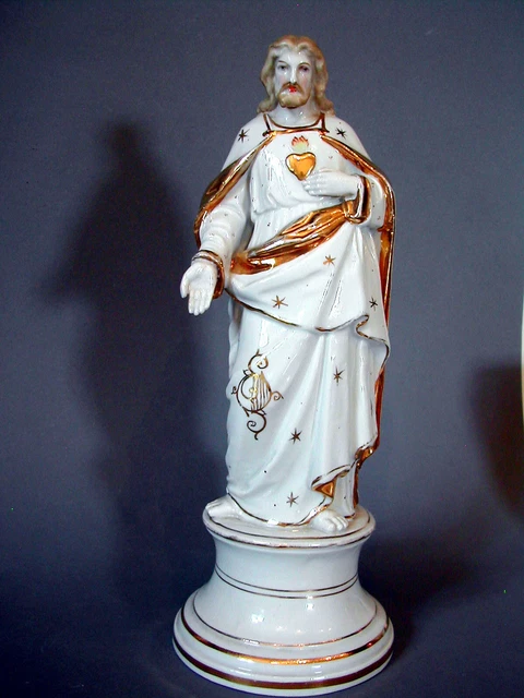 ANCIENNE FIGURINE SACRÉE en porcelaine statuette coeur-Jésus support en