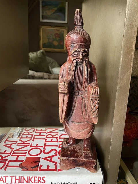 Chinese Wood Carving God of Longevity Statue Shou Lao Shou Xing Vintage 12”