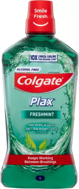 Colgate Plax Antibacterial Mouthwash 1L, Alcohol Free, Freshmint, Bad Breath Con