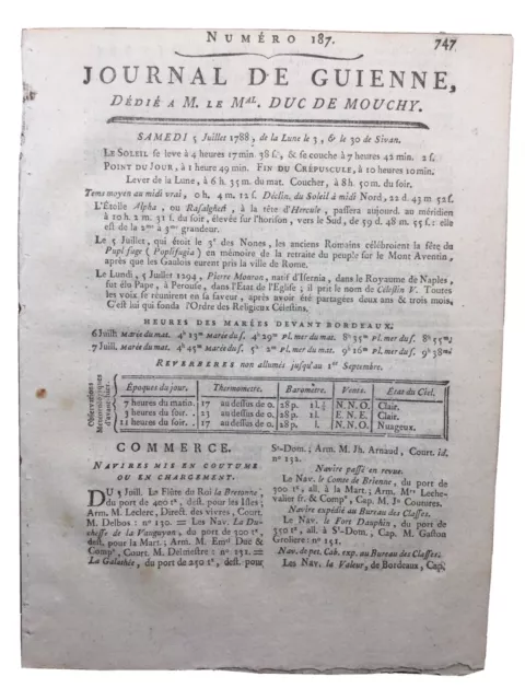 Vins de Bordeaux 1788 Queyries Commerce maritime en Gironde Navire rare journal