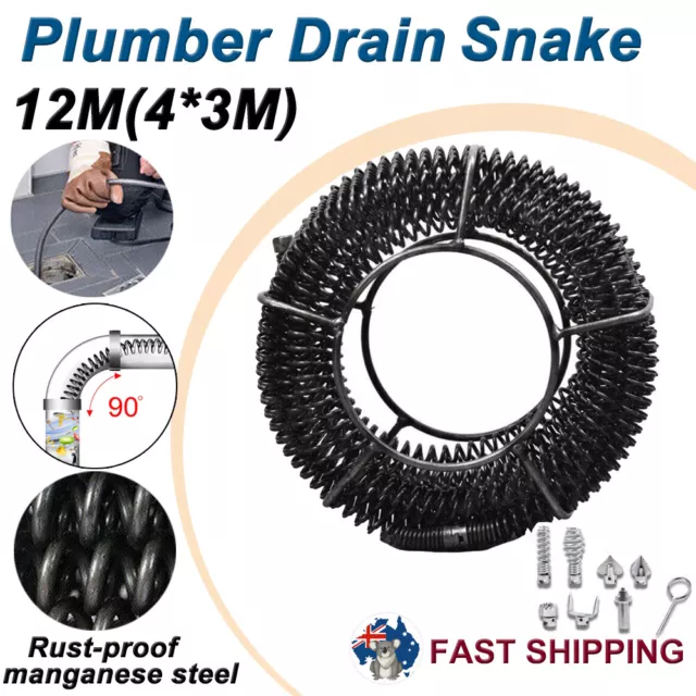 12m Drain Snake Pipe Sewer Cleaner Electric Unblocker Sink Pipeline 6 Drill Bit