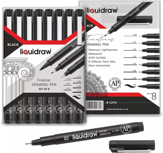 Drawing Pens Set Of 8 Black Fineliners Waterproof Ink Technical Fineliner Brush