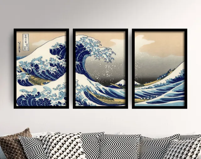 The Great Wave Triptych - Set of 3 Paintings - Hokusai Art Print Poster