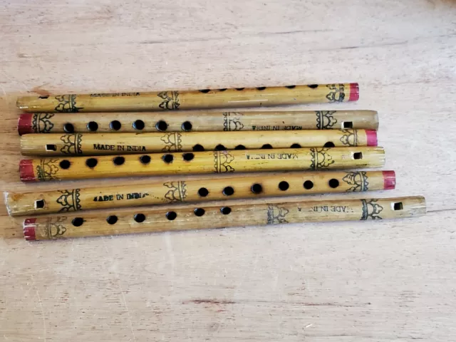 Lot Of 6 Vintage Wooden Flutes India 12-14" Long Key of "C" Wood Bamboo Toy