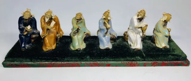 Set of 6 Antique 1920s Chinese Hand-Painted Mud Figures Seated Wise Men Elders