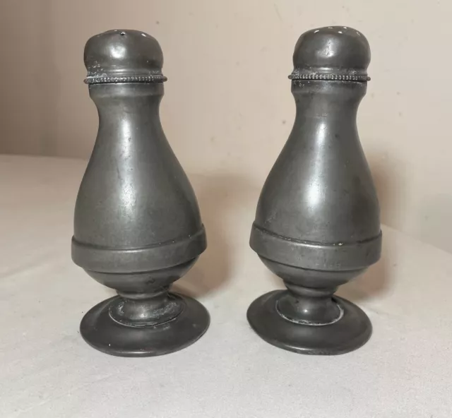 LARGE pair of 19th century handmade engraved pewter salt and pepper shakers 3