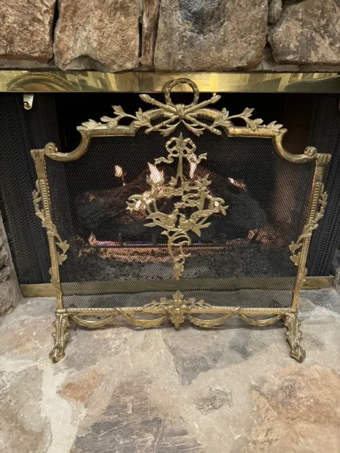 Spectacular French Louis Xvi Empire Style Bronze Brass Fire Screen With Doves