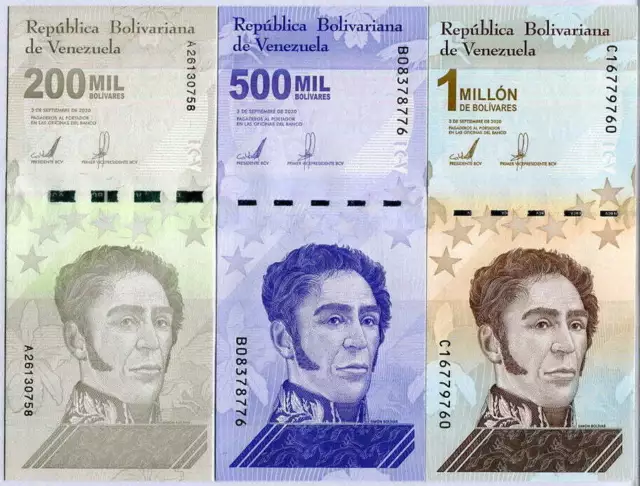 Venezuela 200 Mil, 500 Mil, 1 Million Bolivares Banknotes. 2020 Unc Set.