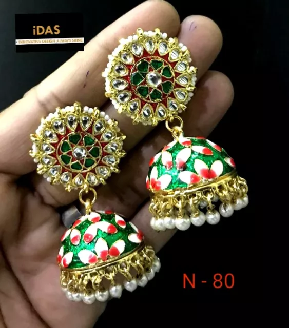 Plaqué Or Traditionnel Bollywood Indien Meena Kundan Oreilles Jhumka Set ES3