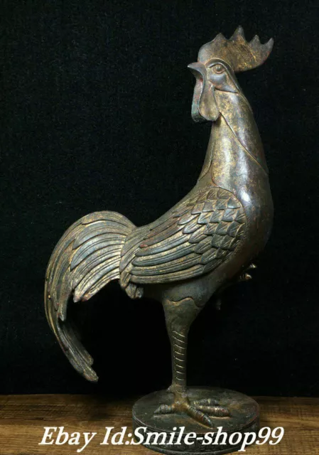 10" Old China Bronze Carving Fengshui 12 Zodiac Year Animal Chicken Rooster Cock