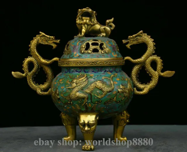 11" Chinese Bronze Gild Cloisonne Foo Fu Dog Lion Dragon Handle incense burner