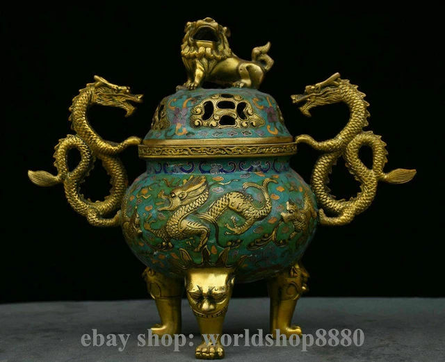 11" Chinese Bronze Gild Cloisonne Foo Fu Dog Lion Dragon Handle incense burner