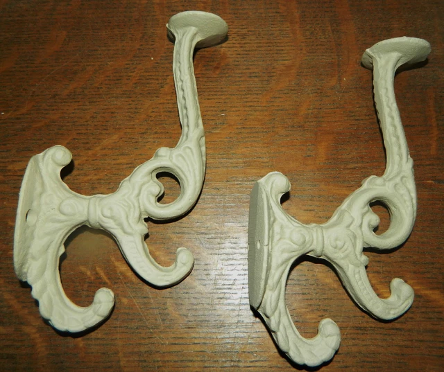 SET/2 "White" Ornate Victorian Style Coat Hat Hooks Cast Iron 7" Long w/3 hooks 2