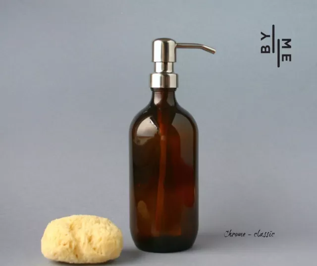 Amber glass bottle soap / lotion dispenser with classic stainless steel pump 3