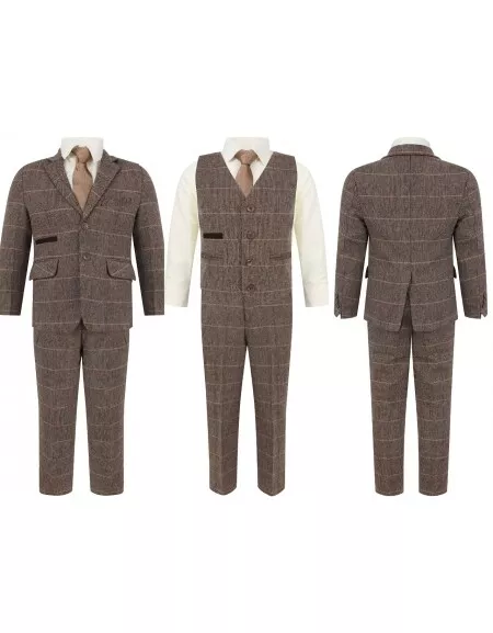 Abito A Scacchi Bambini Samli 5 Pezzi Occasione Formale Marrone Tweed Matrimonio
