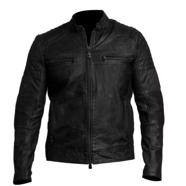 Men's Biker Vintage Distressed Black Cafe Racer Motorcycle Real Leather Jacket