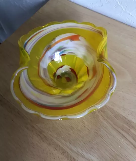 Art Glass Bowl Dish Yellow Green Swirl Hand Blown Glass