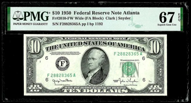 1950 Atlanta Federal Reserve $10 Note Fr. 2010-Fw Wide Pmg Superb Gem Unc 67 Epq