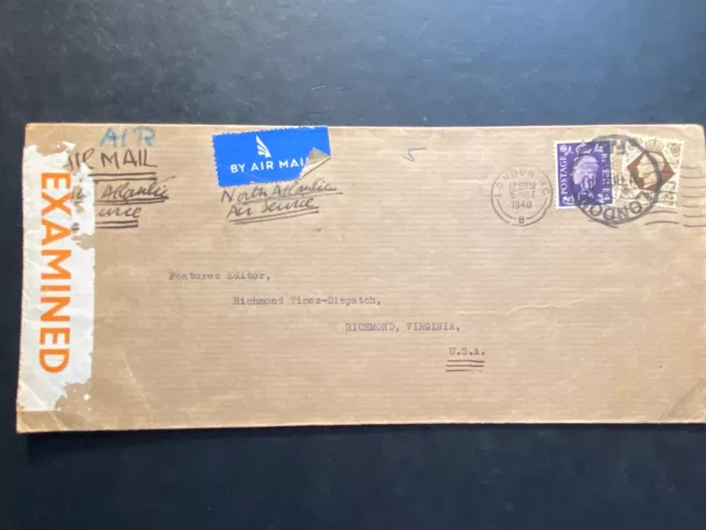 GB - 1940 Censored Cover to Richmond VA USA  SG 467 & 475