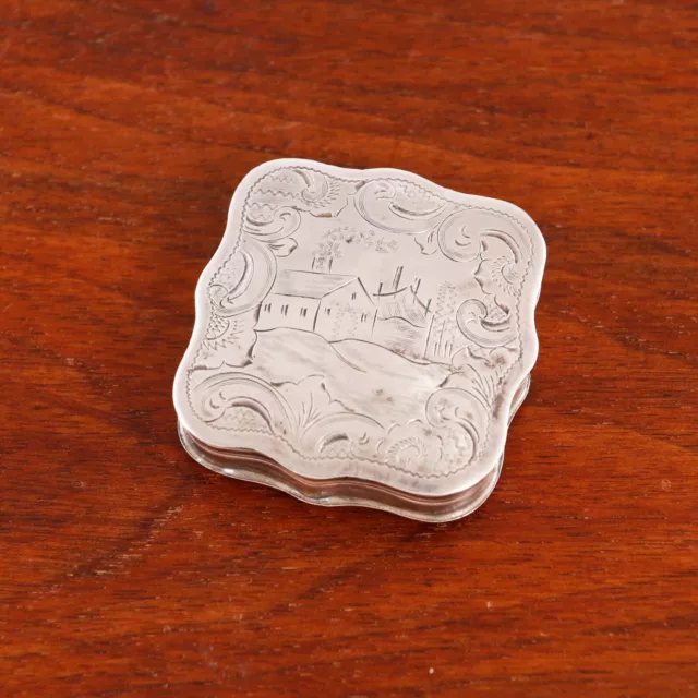 Dutch .833 Silver Pill / Snuff Box Bucolic Landscape,Houses 1855 No Monogram