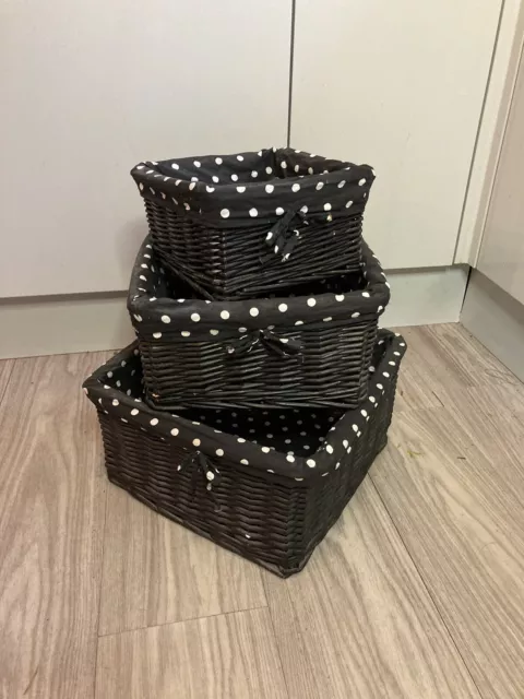 3 x Square Black Baskets Lined With Black/White pokerdot  Pics With Tape measure