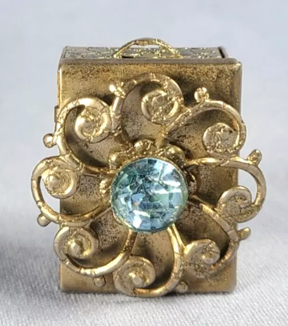 Vintage Ornate Flower Pill Box Pendant Blue Rhinestone ? 1"