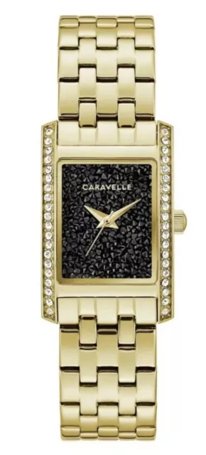 Caravelle By Bulova Ladies Quartz Gold Tone 21.5mm 44L253 Black Rock Dial Watch