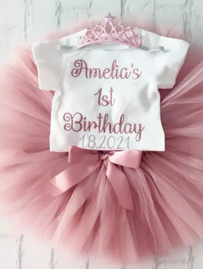Girls 1st First Birthday Outfit Tutu Personalised Rose Gold Glitter Dusky DOB UK