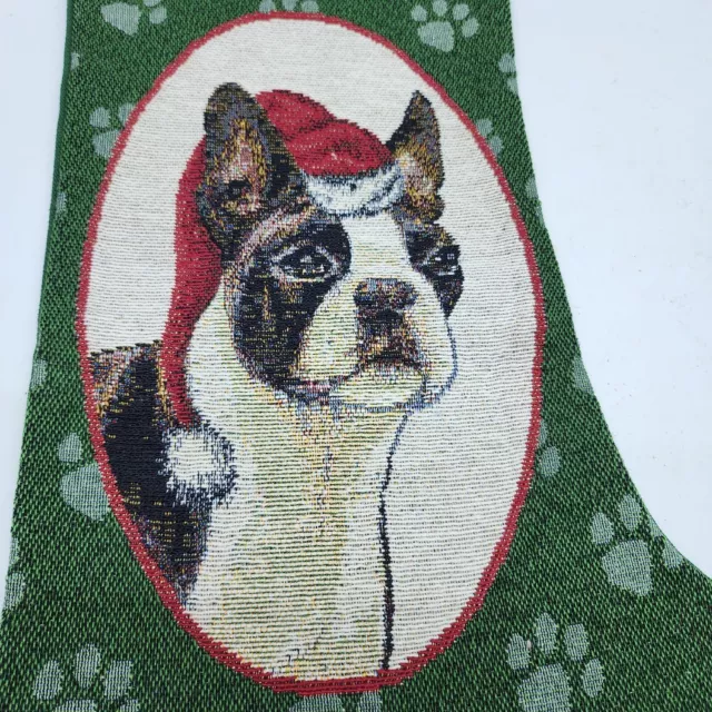 Boston Terrier Dog Christmas Woven Tapestry Stocking Linda Picken Art Scarlet
