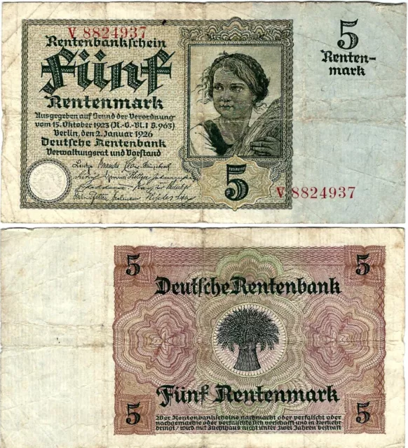 Rentenbankschein 5 Rentenmark 1926 Berlin DEU-209a Ro.164a P-169(1)