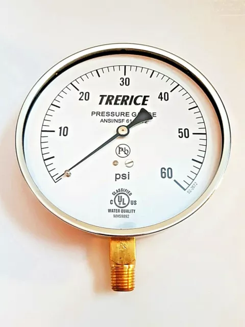 Stainless Steel Pressure Gauge, Lower Conn. 1/4" NPT 4.5"- Trerice (0-60 psi)